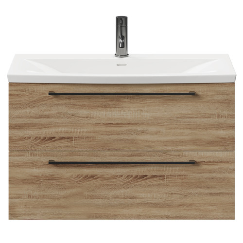 Napoli Bordalino Oak 800mm Wall Mounted Vanity Unit with 1 Tap Hole Curved Basin and 2 Drawers with Gunmetal Grey Handles Front View