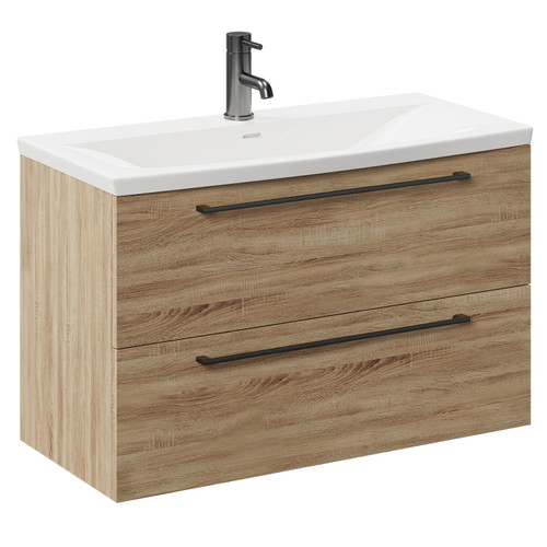 Napoli Bordalino Oak 800mm Wall Mounted Vanity Unit with 1 Tap Hole Curved Basin and 2 Drawers with Gunmetal Grey Handles Left Hand View