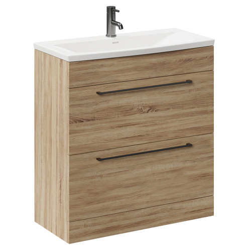 Napoli Bordalino Oak 800mm Floor Standing Vanity Unit with 1 Tap Hole Curved Basin and 2 Drawers with Gunmetal Grey Handles Left Hand View