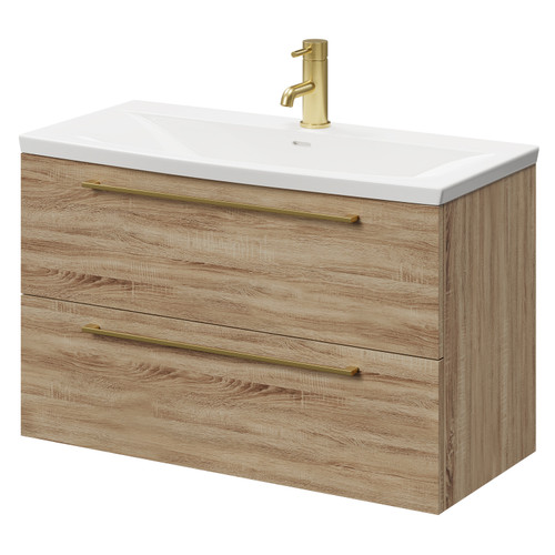 Napoli Bordalino Oak 800mm Wall Mounted Vanity Unit with 1 Tap Hole Curved Basin and 2 Drawers with Brushed Brass Handles Right Hand View