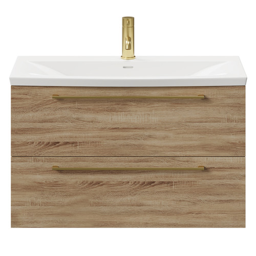 Napoli Bordalino Oak 800mm Wall Mounted Vanity Unit with 1 Tap Hole Curved Basin and 2 Drawers with Brushed Brass Handles Front View