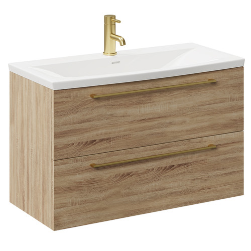 Napoli Bordalino Oak 800mm Wall Mounted Vanity Unit with 1 Tap Hole Curved Basin and 2 Drawers with Brushed Brass Handles Left Hand View