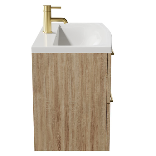 Napoli Bordalino Oak 800mm Wall Mounted Vanity Unit with 1 Tap Hole Curved Basin and 2 Drawers with Brushed Brass Handles Side View