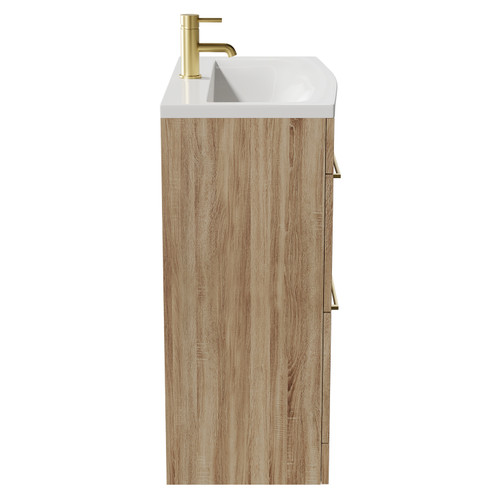 Napoli Bordalino Oak 800mm Floor Standing Vanity Unit with 1 Tap Hole Curved Basin and 2 Drawers with Brushed Brass Handles Side View