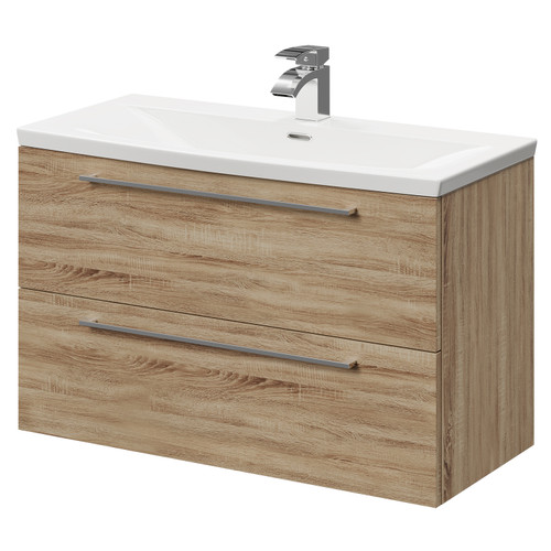 Napoli Bordalino Oak 800mm Wall Mounted Vanity Unit with 1 Tap Hole Curved Basin and 2 Drawers with Polished Chrome Handles Right Hand View