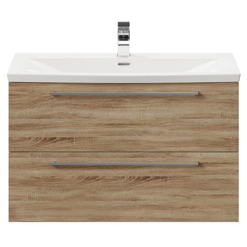 Napoli Bordalino Oak 800mm Wall Mounted Vanity Unit with 1 Tap Hole Curved Basin and 2 Drawers with Polished Chrome Handles Front View