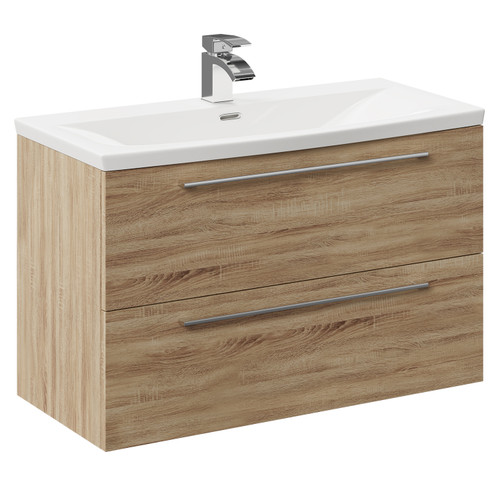 Napoli Bordalino Oak 800mm Wall Mounted Vanity Unit with 1 Tap Hole Curved Basin and 2 Drawers with Polished Chrome Handles Left Hand View