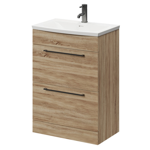 Napoli Bordalino Oak 600mm Floor Standing Vanity Unit with 1 Tap Hole Curved Basin and 2 Drawers with Gunmetal Grey Handles Right Hand View