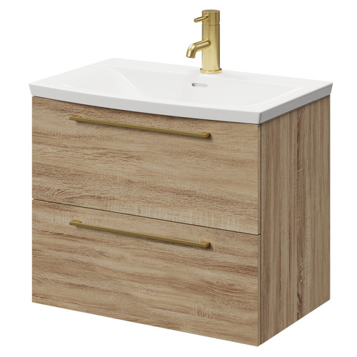 Napoli Bordalino Oak 600mm Wall Mounted Vanity Unit with 1 Tap Hole Curved Basin and 2 Drawers with Brushed Brass Handles Right Hand View