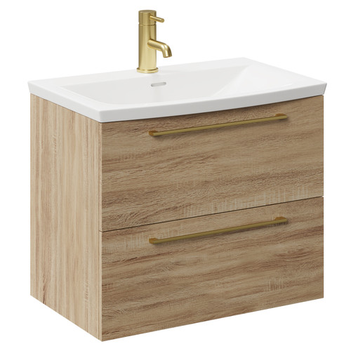 Napoli Bordalino Oak 600mm Wall Mounted Vanity Unit with 1 Tap Hole Curved Basin and 2 Drawers with Brushed Brass Handles Left Hand View