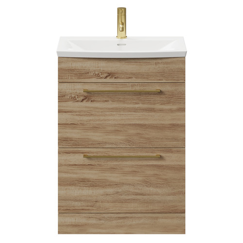 Napoli Bordalino Oak 600mm Floor Standing Vanity Unit with 1 Tap Hole Curved Basin and 2 Drawers with Brushed Brass Handles Front View