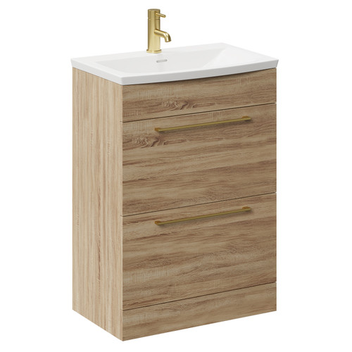 Napoli Bordalino Oak 600mm Floor Standing Vanity Unit with 1 Tap Hole Curved Basin and 2 Drawers with Brushed Brass Handles Left Hand View