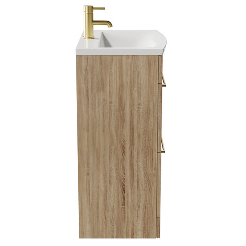 Napoli Bordalino Oak 600mm Floor Standing Vanity Unit with 1 Tap Hole Curved Basin and 2 Drawers with Brushed Brass Handles Side View