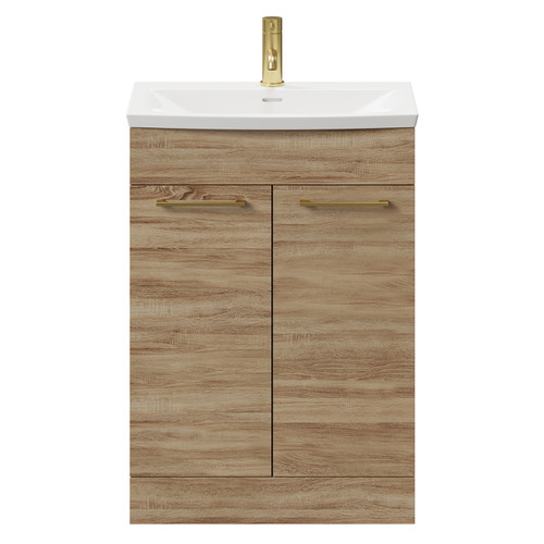 Napoli Bordalino Oak 600mm Floor Standing Vanity Unit with 1 Tap Hole Curved Basin and 2 Doors with Brushed Brass Handles Front View