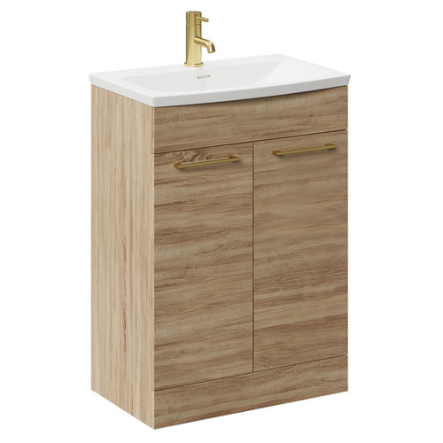 Napoli Bordalino Oak 600mm Floor Standing Vanity Unit with 1 Tap Hole Curved Basin and 2 Doors with Brushed Brass Handles Left Hand View