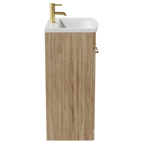 Napoli Bordalino Oak 600mm Floor Standing Vanity Unit with 1 Tap Hole Curved Basin and 2 Doors with Brushed Brass Handles Side View