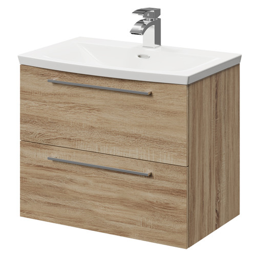 Napoli Bordalino Oak 600mm Wall Mounted Vanity Unit with 1 Tap Hole Curved Basin and 2 Drawers with Polished Chrome Handles Right Hand View