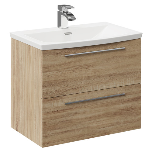 Napoli Bordalino Oak 600mm Wall Mounted Vanity Unit with 1 Tap Hole Curved Basin and 2 Drawers with Polished Chrome Handles Left Hand View