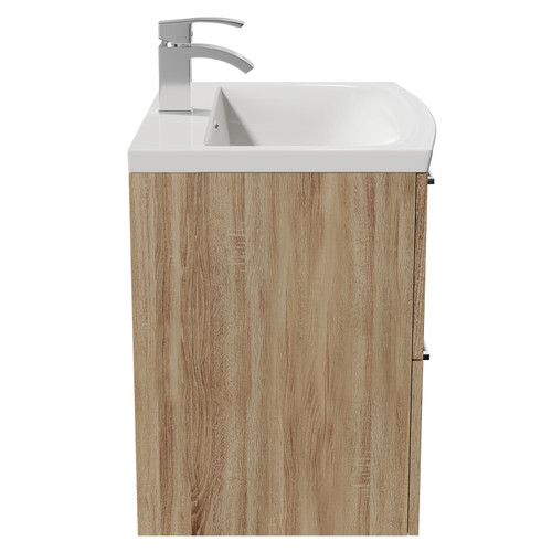 Napoli Bordalino Oak 600mm Wall Mounted Vanity Unit with 1 Tap Hole Curved Basin and 2 Drawers with Polished Chrome Handles Side View