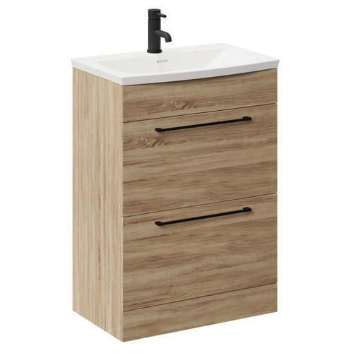 Napoli Bordalino Oak 600mm Floor Standing Vanity Unit with 1 Tap Hole Curved Basin and 2 Drawers with Matt Black Handles Left Hand View