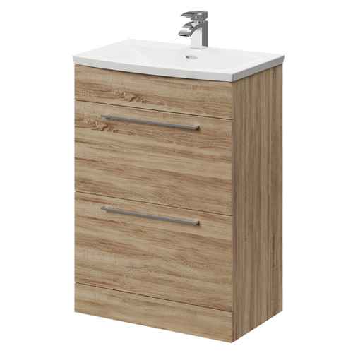 Napoli Bordalino Oak 600mm Floor Standing Vanity Unit with 1 Tap Hole Curved Basin and 2 Drawers with Polished Chrome Handles Right Hand View