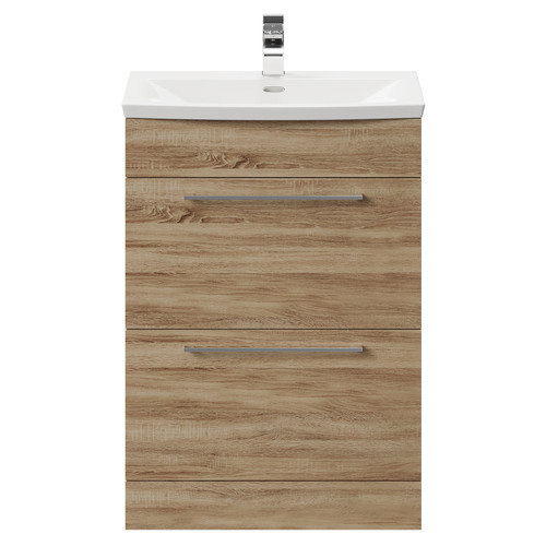 Napoli Bordalino Oak 600mm Floor Standing Vanity Unit with 1 Tap Hole Curved Basin and 2 Drawers with Polished Chrome Handles Front View