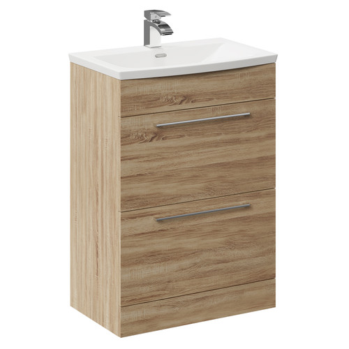 Napoli Bordalino Oak 600mm Floor Standing Vanity Unit with 1 Tap Hole Curved Basin and 2 Drawers with Polished Chrome Handles Left Hand View
