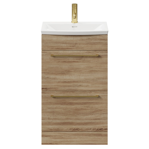 Napoli Bordalino Oak 500mm Floor Standing Vanity Unit with 1 Tap Hole Curved Basin and 2 Drawers with Brushed Brass Handles Front View