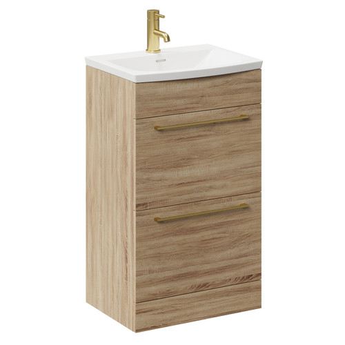 Napoli Bordalino Oak 500mm Floor Standing Vanity Unit with 1 Tap Hole Curved Basin and 2 Drawers with Brushed Brass Handles Left Hand View