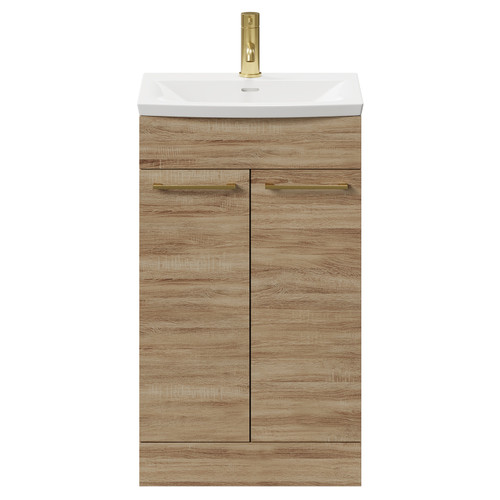 Napoli Bordalino Oak 500mm Floor Standing Vanity Unit with 1 Tap Hole Curved Basin and 2 Doors with Brushed Brass Handles Front View