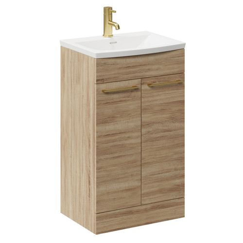 Napoli Bordalino Oak 500mm Floor Standing Vanity Unit with 1 Tap Hole Curved Basin and 2 Doors with Brushed Brass Handles Left Hand View