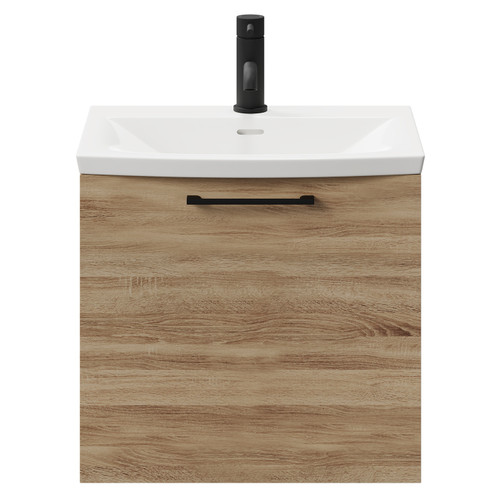 Napoli Bordalino Oak 500mm Wall Mounted Vanity Unit with 1 Tap Hole Curved Basin and Single Drawer with Matt Black Handle Front View