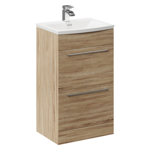 Napoli Bordalino Oak 500mm Floor Standing Vanity Unit with 1 Tap Hole Curved Basin and 2 Drawers with Polished Chrome Handles Left Hand View