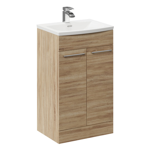 Napoli Bordalino Oak 500mm Floor Standing Vanity Unit with 1 Tap Hole Curved Basin and 2 Doors with Polished Chrome Handles Left Hand View