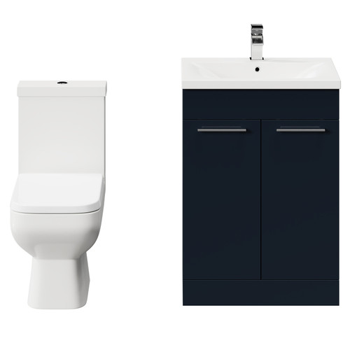 Turin Deep Blue 600mm Floor Standing Vanity Unit and Toilet Suite with 1 Tap Hole Basin and 2 Doors with Polished Chrome Handles Front View