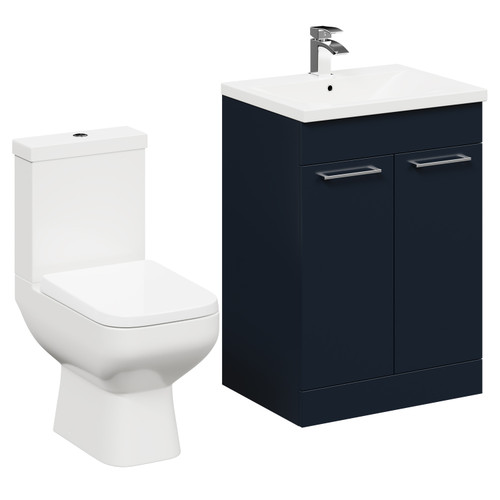 Turin Deep Blue 600mm Floor Standing Vanity Unit and Toilet Suite with 1 Tap Hole Basin and 2 Doors with Polished Chrome Handles Left Hand View