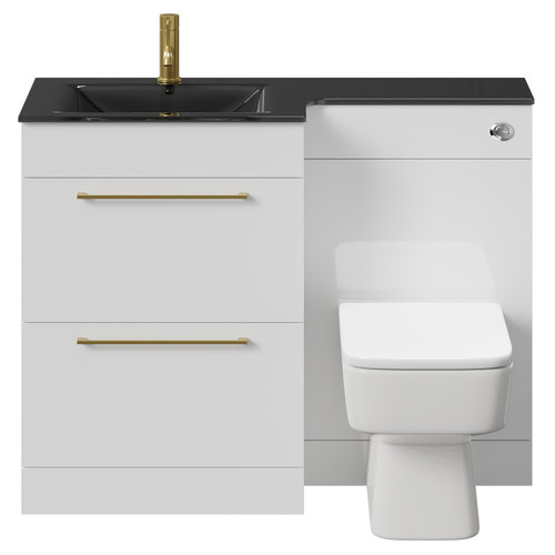 Venice Square Gloss White 1100mm Vanity Unit Toilet Suite with Left Hand Anthracite Glass 1 Tap Hole Basin and 2 Drawers with Brushed Brass Handles Front View