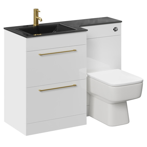 Venice Square Gloss White 1100mm Vanity Unit Toilet Suite with Left Hand Anthracite Glass 1 Tap Hole Basin and 2 Drawers with Brushed Brass Handles Left Hand View