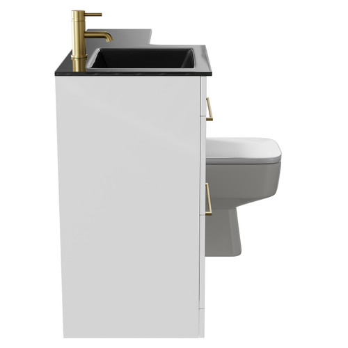 Venice Square Gloss White 1100mm Vanity Unit Toilet Suite with Left Hand Anthracite Glass 1 Tap Hole Basin and 2 Drawers with Brushed Brass Handles Side View