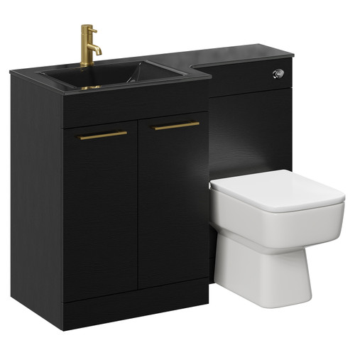 Venice Square Nero Oak 1100mm Vanity Unit Toilet Suite with Left Hand Anthracite Glass 1 Tap Hole Basin and 2 Doors with Brushed Brass Handles Left Hand View