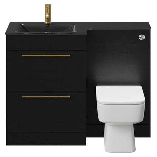 Venice Square Nero Oak 1100mm Vanity Unit Toilet Suite with Left Hand Anthracite Glass 1 Tap Hole Basin and 2 Drawers with Brushed Brass Handles Front View