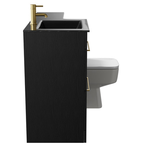 Venice Square Nero Oak 1100mm Vanity Unit Toilet Suite with Left Hand Anthracite Glass 1 Tap Hole Basin and 2 Drawers with Brushed Brass Handles Side View