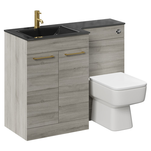 Venice Square Molina Ash 1100mm Vanity Unit Toilet Suite with Left Hand Anthracite Glass 1 Tap Hole Basin and 2 Doors with Brushed Brass Handles Left Hand View