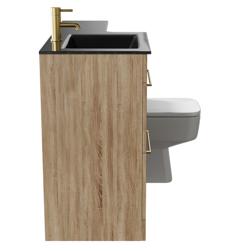 Venice Square Bordalino Oak 1100mm Vanity Unit Toilet Suite with Left Hand Anthracite Glass 1 Tap Hole Basin and 2 Drawers with Brushed Brass Handles Side View