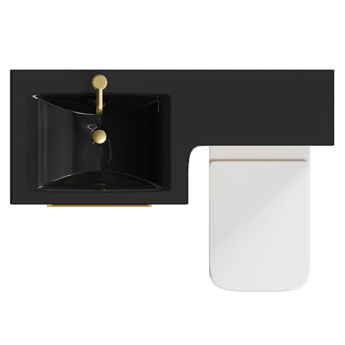 Venice Square Bordalino Oak 1100mm Vanity Unit Toilet Suite with Left Hand Anthracite Glass 1 Tap Hole Basin and 2 Drawers with Brushed Brass Handles View From Top