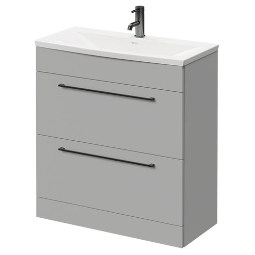 Napoli Gloss Grey Pearl 800mm Floor Standing Vanity Unit with 1 Tap Hole Curved Basin and 2 Drawers with Gunmetal Grey Handles Right Hand View