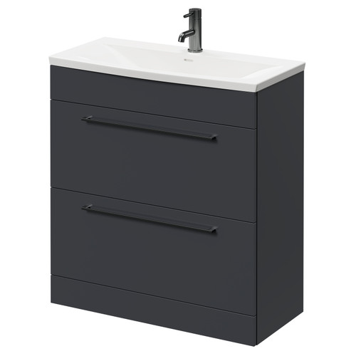 Napoli Gloss Grey 800mm Floor Standing Vanity Unit with 1 Tap Hole Curved Basin and 2 Drawers with Gunmetal Grey Handles Right Hand View