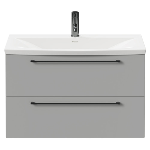 Napoli Gloss Grey Pearl 800mm Wall Mounted Vanity Unit with 1 Tap Hole Curved Basin and 2 Drawers with Gunmetal Grey Handles Front View