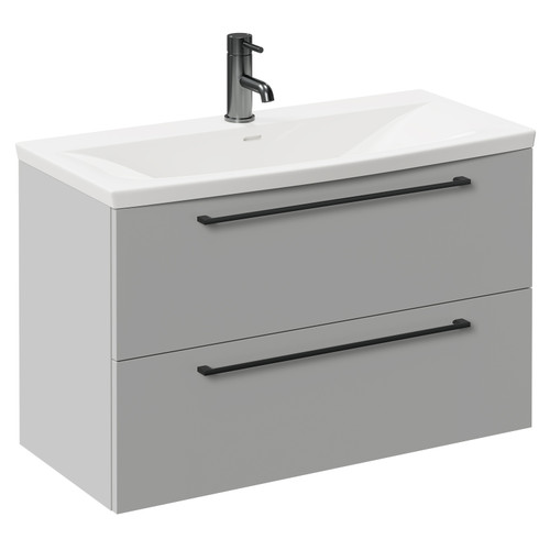 Napoli Gloss Grey Pearl 800mm Wall Mounted Vanity Unit with 1 Tap Hole Curved Basin and 2 Drawers with Gunmetal Grey Handles Left Hand View