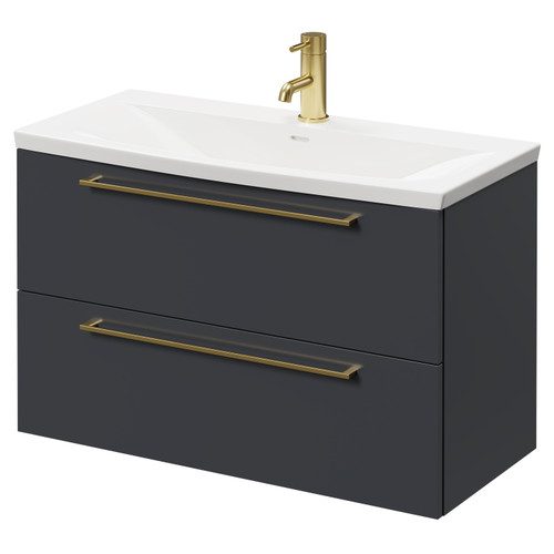 Napoli Gloss Grey 800mm Wall Mounted Vanity Unit with 1 Tap Hole Curved Basin and 2 Drawers with Brushed Brass Handles Right Hand View